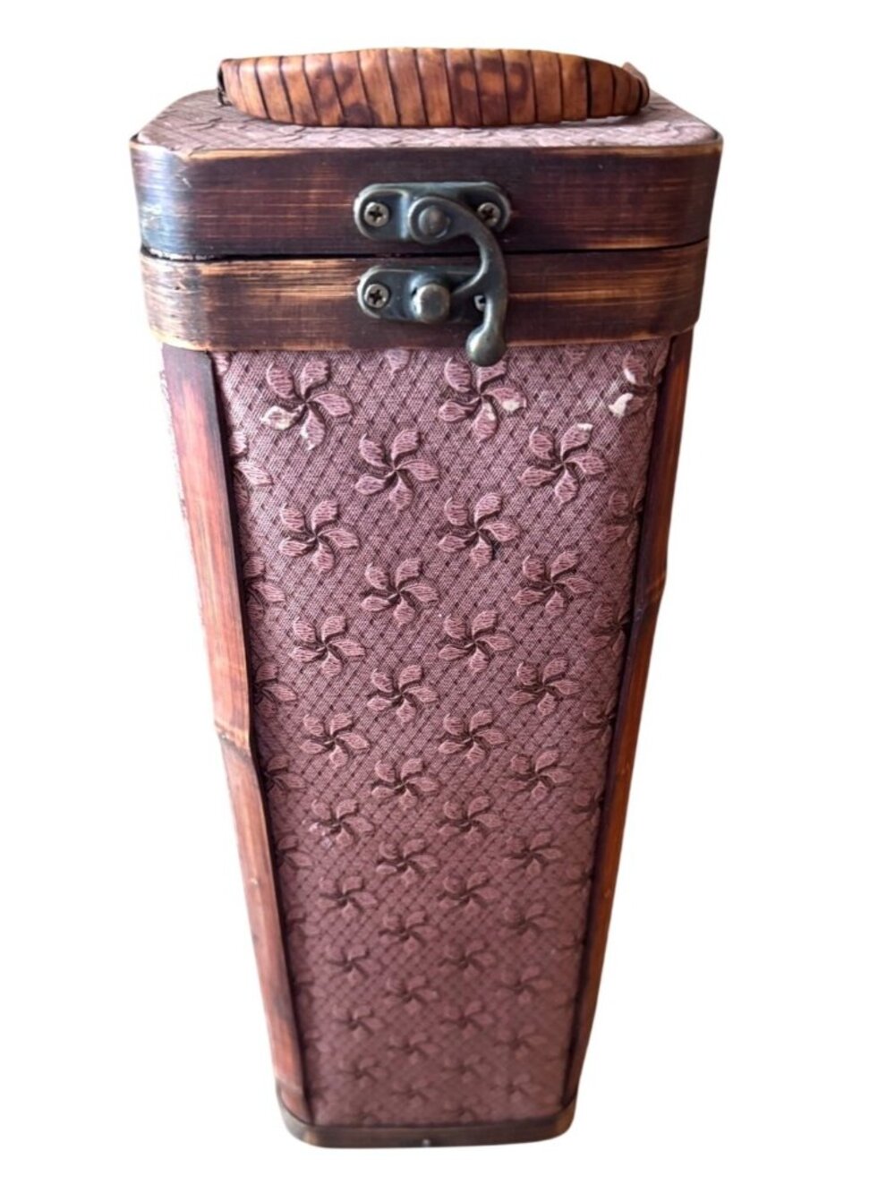 Vintage Tall Wooden Wine Bottle Box Floral Fabric 5x14x5 Lidded Storage Case